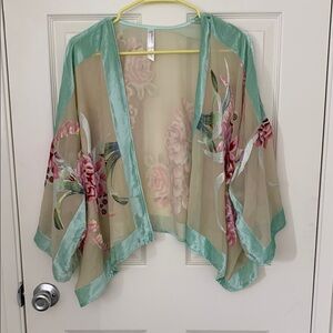 Anthropologie Green and Pink Floral Vest